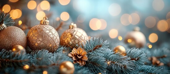 Aufkleber - Elegant holiday decor with fir branches shimmering gold ornaments and soft bokeh lights creating a warm festive atmosphere for celebrations
