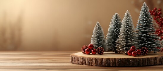 Aufkleber - Handcrafted wooden Christmas tree set with pinecones and berries on a rustic wooden surface against a warm light brown background