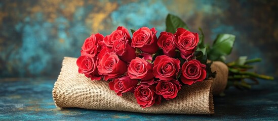 Aufkleber - Bouquet of fresh red roses elegantly arranged in burlap with a vibrant textured background and ample copyspace for customizable text