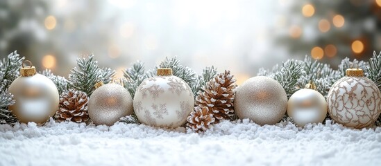 Aufkleber - Elegant Christmas tree decoration featuring white and silver ornaments with pinecones on a snowy background for festive holiday themes.
