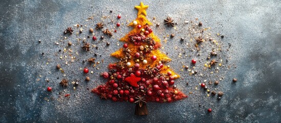 Poster - Spice Christmas Tree Arrangement on Silver Background Aerial View Festive Flat Lay Holiday Card Concept