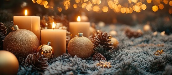 Aufkleber - Elegant Christmas still life with golden baubles and warm candlelight surrounded by pinecones and soft foliage for a festive ambiance