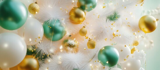 Aufkleber - Festive holiday greeting card design showcasing a close-up of a beautifully decorated Christmas tree with shimmering ornaments and balloons.
