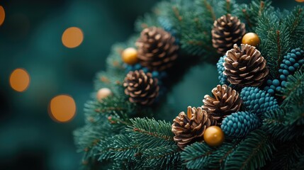 Aufkleber - Festive Christmas wreath with pine cones and ornaments highlighting lush evergreen branches and soft bokeh lighting in the background