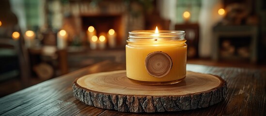 Poster - Candle in jar with wooden wick on wood slice in cozy Bohemian interior with soft lighting for tranquil home decor atmosphere