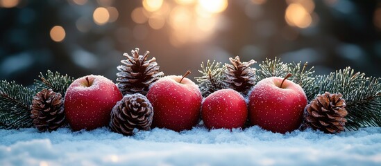 Poster - Christmas card design with coniferous branch paradise apples and pinecones on fresh snow with a blurred winter sunlight background