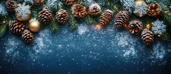 Aufkleber - Festive Christmas flatlay with snowflakes tree branches and cones decorated with ornaments on dark background copy space for text