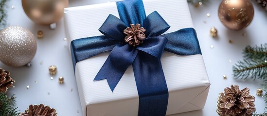 Aufkleber - Elegant Christmas gift wrapped in white paper and blue ribbon surrounded by festive ornaments and pine cones on a white background.