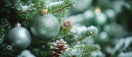 Poster - Festive Christmas tree adorned with silver and green ornaments amid a serene snowy winter landscape and lush evergreen branches.