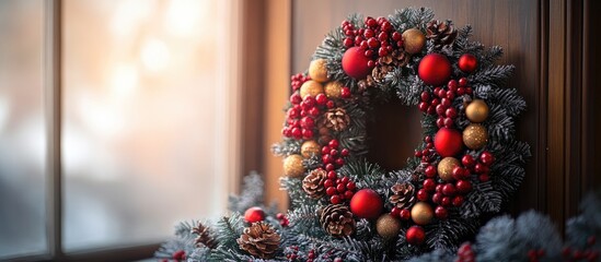 Aufkleber - Festive Christmas wreath adorned with red and gold ornaments and pinecones placed near a window with holiday decorations