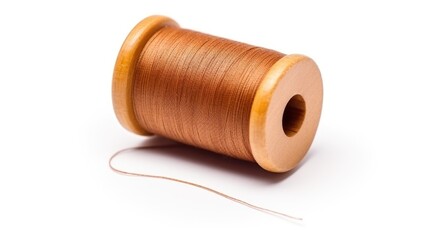 Poster - Brown sewing thread spool with needle on white background for crafting and textile design projects