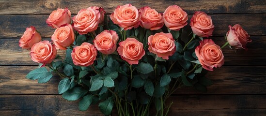 Aufkleber - Bouquet of vibrant pink roses elegantly arranged on a rustic wooden surface creating a romantic and inviting atmosphere