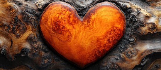 Poster - Beautifully crafted red wooden heart on textured natural wood background showcasing artistry and warmth in nature's design.