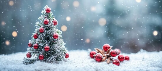 Aufkleber - Festive Christmas tree adorned with red ornaments in snowy winter landscape with soft bokeh background creating a warm holiday atmosphere