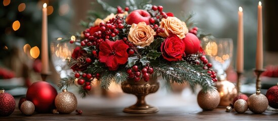 Aufkleber - Elegant Christmas Table Centerpiece with Red Roses Berries and Ornaments Creating a Festive Holiday Atmosphere with Soft Candlelight