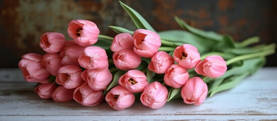 Aufkleber - Bouquet of vibrant pink tulips elegantly arranged on a rustic white wooden surface for a fresh floral decor inspiration