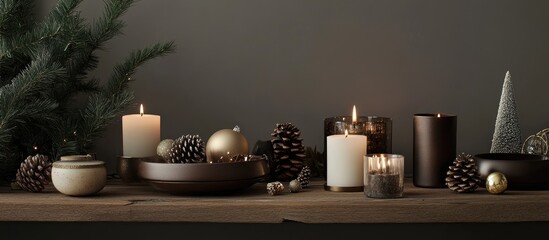Aufkleber - Elegant holiday decor with candles and pinecones on a rustic wooden table creating a cozy Christmas atmosphere