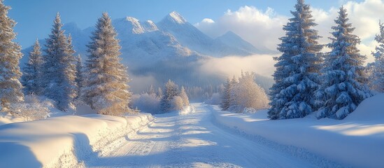 Aufkleber - Winter landscape with snow-covered spruce and pine trees lining a serene mountain road under a bright blue sky and soft sunlight.