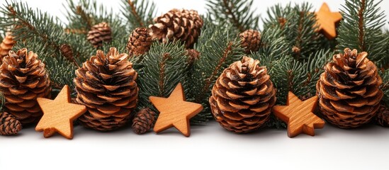 Aufkleber - Rustic Christmas decoration with pine cones and wooden stars on evergreen branches set against a clean white background