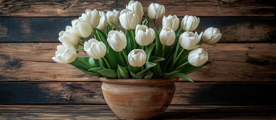 Aufkleber - Elegant bouquet of white tulips in a rustic wooden bowl on a textured wooden background