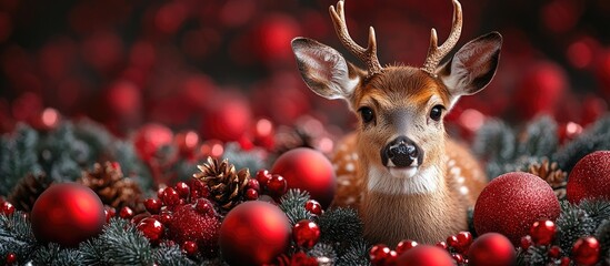 Poster - Christmas card design showcasing a deer surrounded by festive ornaments and greenery in a holiday-themed setting.