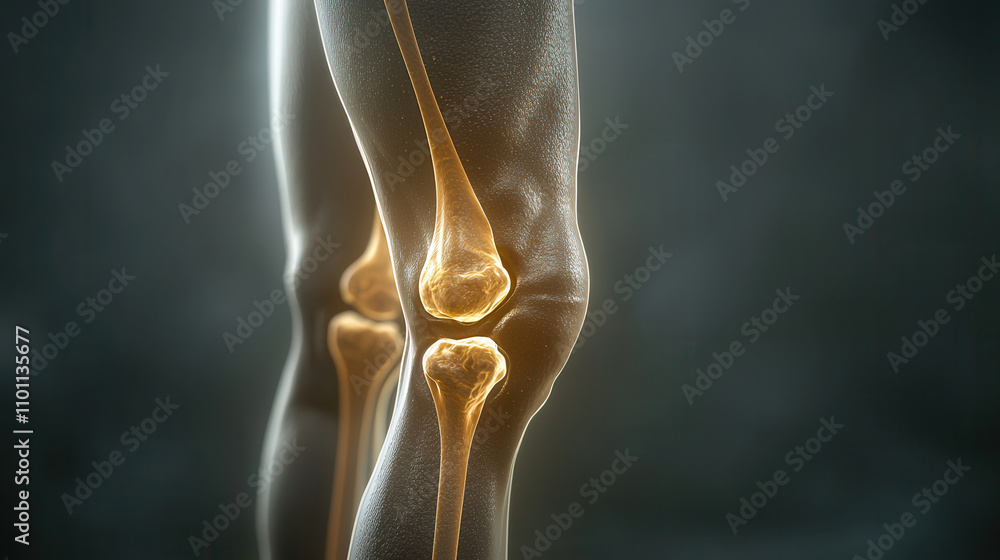 Anatomical illustration of human knee joint with highlighted bones and ...