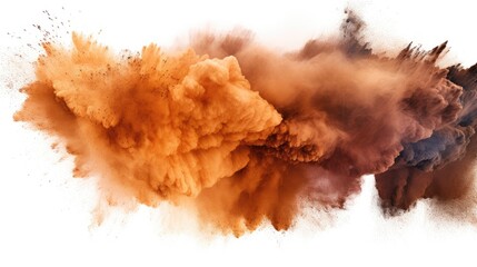Leinwandbilder - Brown powder explosion creating a vibrant cloud of dust on a white background showcasing dynamic movement and color contrast