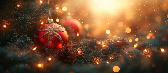 Poster - Festive Christmas tree adorned with colorful ornaments and warm lights creating a magical holiday atmosphere during winter season.