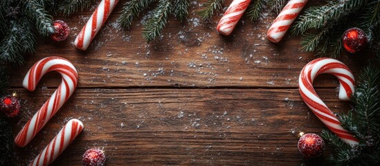 Poster - Candy canes and evergreen branches arranged on rustic wooden table surface for festive holiday decoration and celebration themes.