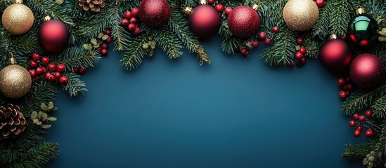 Poster - Festive Christmas decorations with ornaments and pine branches on a blue backdrop creating a cozy holiday atmosphere with empty space