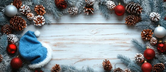 Aufkleber - Festive Christmas frame with blue fir tree branches, cones, Santa hat, and ornaments on rustic wooden background with ample copy space