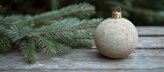 Aufkleber - Rustic Christmas tree branch with decorative ornament on a wooden table ideal for holiday greetings and seasonal promotional content