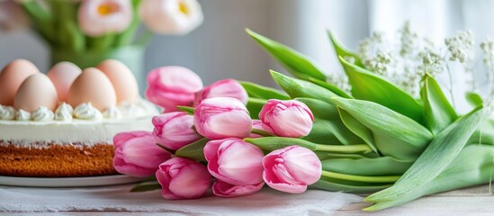 Aufkleber - Pink tulips arrangement beside a cake and eggs creating a fresh springtime table setting for festive events or celebrations