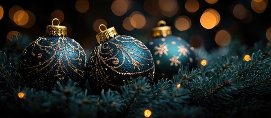 Aufkleber - Elegant blue Christmas ornaments with golden accents and festive greenery illuminated by soft bokeh lights in warm holiday ambiance.