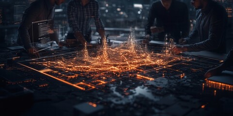 Fototapete - A digital cityscape is illuminated with glowing data points, surrounded by individuals analyzing the vibrant, interactive model.