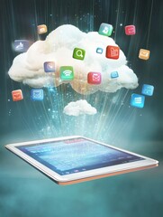 cloud computing concept with digital application icons above digital tablet on abstract background