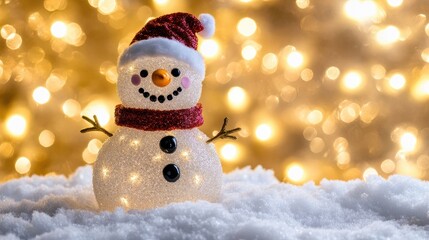 Wall Mural - a cute snowman decoration standing in the snow with festive christmas lights glowing in the backgrou
