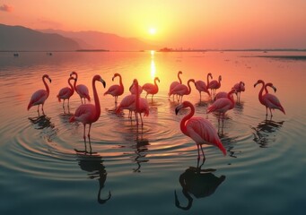 Wall Mural - Pink flamingos create ripples at sunset in a serene coastal lagoon