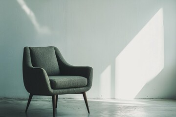 A sleek upholstered chair in a minimalist studio adds a touch of modern style and comfort to contemporary interiors.