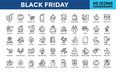 Poster - Black Friday icon set with sale, discount, shopping cart, price tag, bargain, savings, shopping bag, clearance, doorbusters, online deals icon. Simple handdrawn vector 
