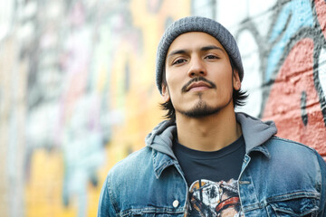 Wall Mural - Young man wearing a denim jacket and beanie standing confidently in front of a colorful graffiti wall outdoors.