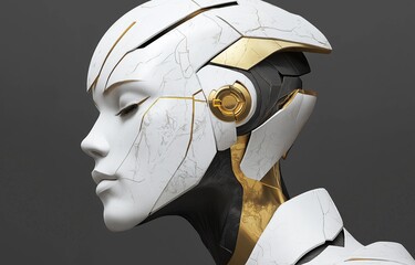 Elegant humanoid robot with cracked white and gold futuristic design