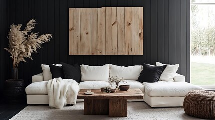 Wall Mural - Modern living room interior with a white sofa, a wooden coffee table and a wooden wall. 