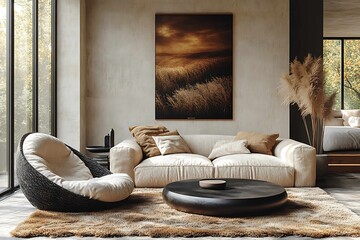 Wall Mural - Living room interior with armchairs, coffee table and poster. 3d render