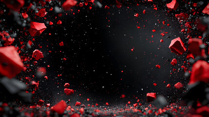 Fototapete - A dramatic explosion of red and black fragments against a dark background, creating a striking visual effect