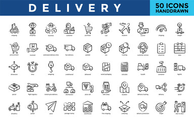 Wall Mural - Delivery icon set with shipping, dropship, business, customer, purchase, cod, airplane, courier, weight, procurement icon. Simple handdrawn vector 
