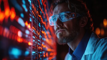 A scientist in a lab coat and safety glasses observes a complex data display, analyzing information and focusing on the results.