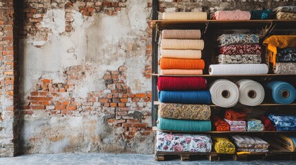 Sticker - A bustling indoor fabric market with rolls of cloth stacked high against a textured brick wall.