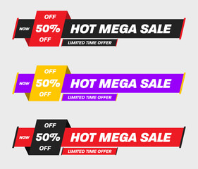 Wall Mural - vector illustration of geometric banner for mega hot sale, set of colorful flyers with 50% discount 