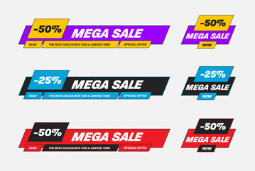 Wall Mural - vector illustration of geometric banner for mega sale, set of colorful flyers with 25.50% best disco